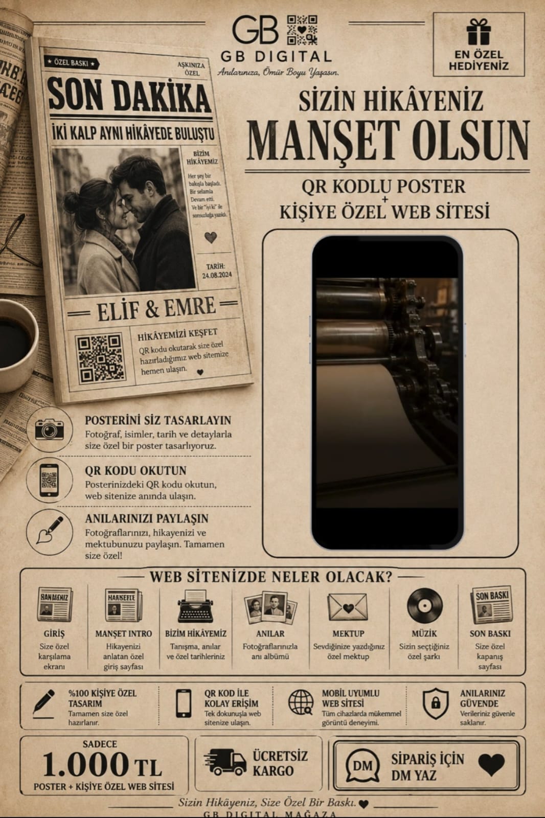 Kişiye Özel Memories The Love Times – QR Kodlu Dijital Anı Sayfası & Poster