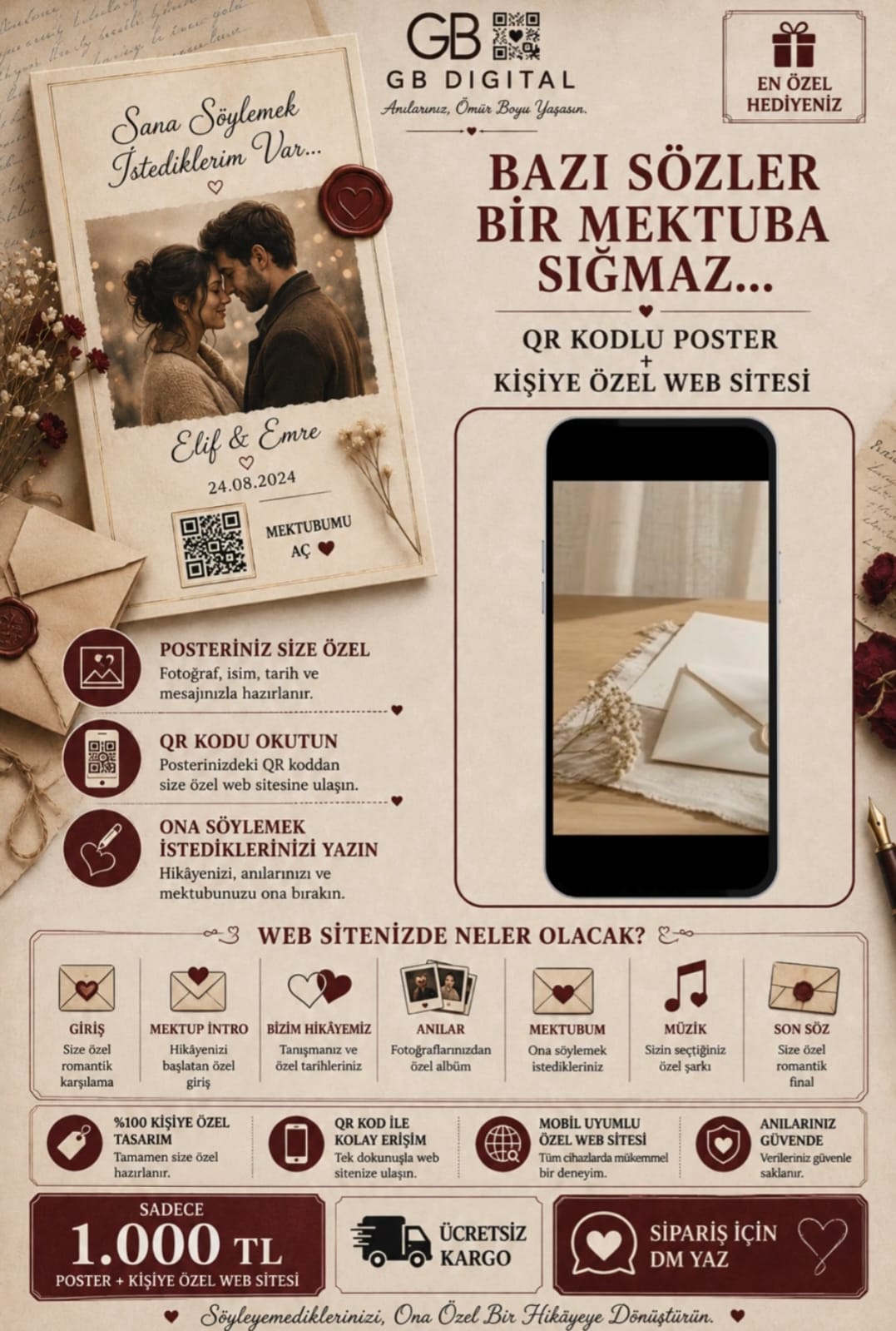Kişiye Özel Memories Aşk Mektubu – QR Kodlu Dijital Anı Sayfası & Poster