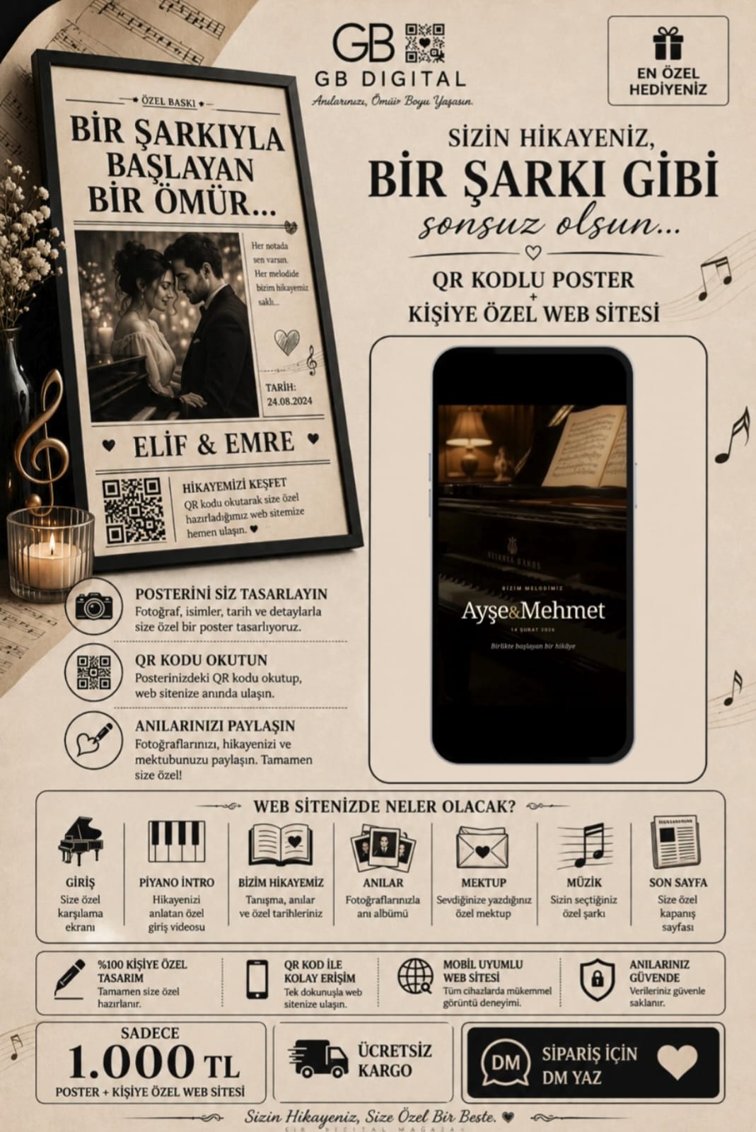 Kişiye Özel Memories Bir Şarkı Gibi – QR Kodlu Dijital Anı Sayfası & Poster