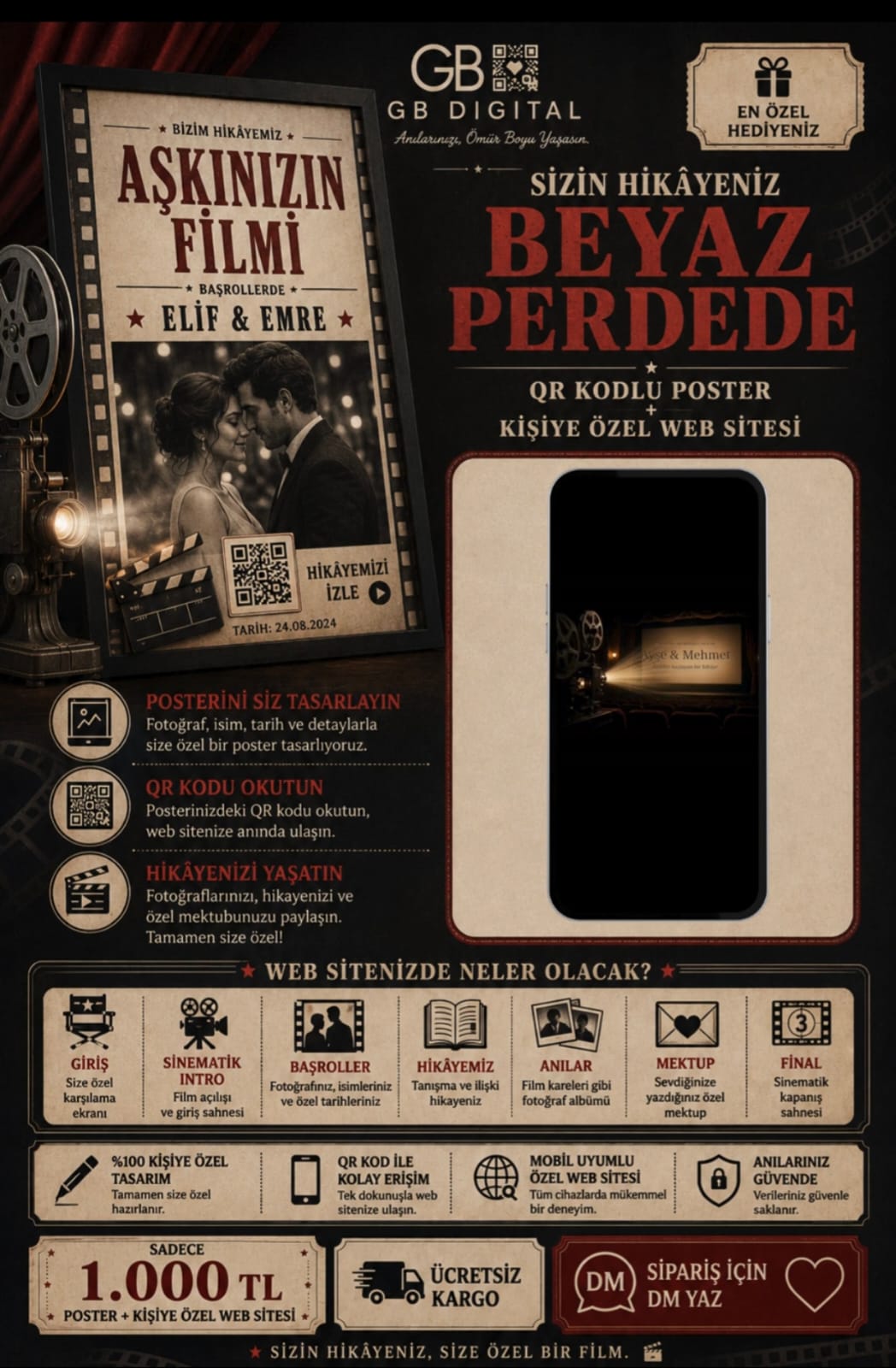 Kişiye Özel Memories Beyaz Perde – QR Kodlu Dijital Anı Sayfası & Poster