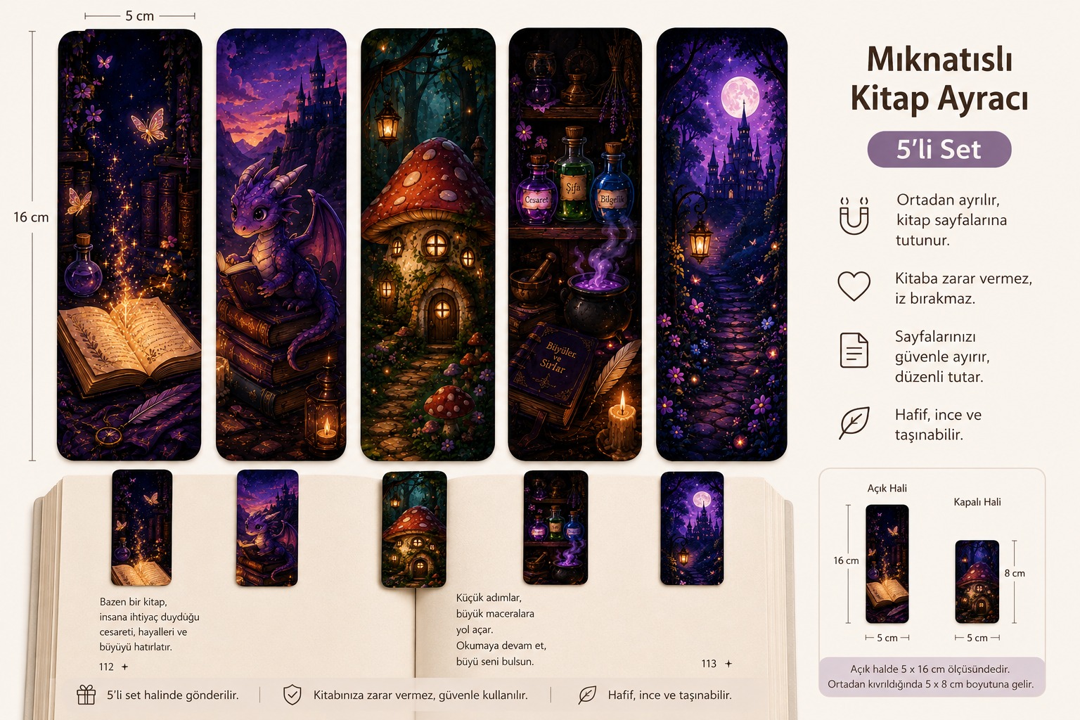 Büyülü Dünya Mıknatıslı Kitap Ayracı 5’li Set | Fantastik Kitap Ayracı