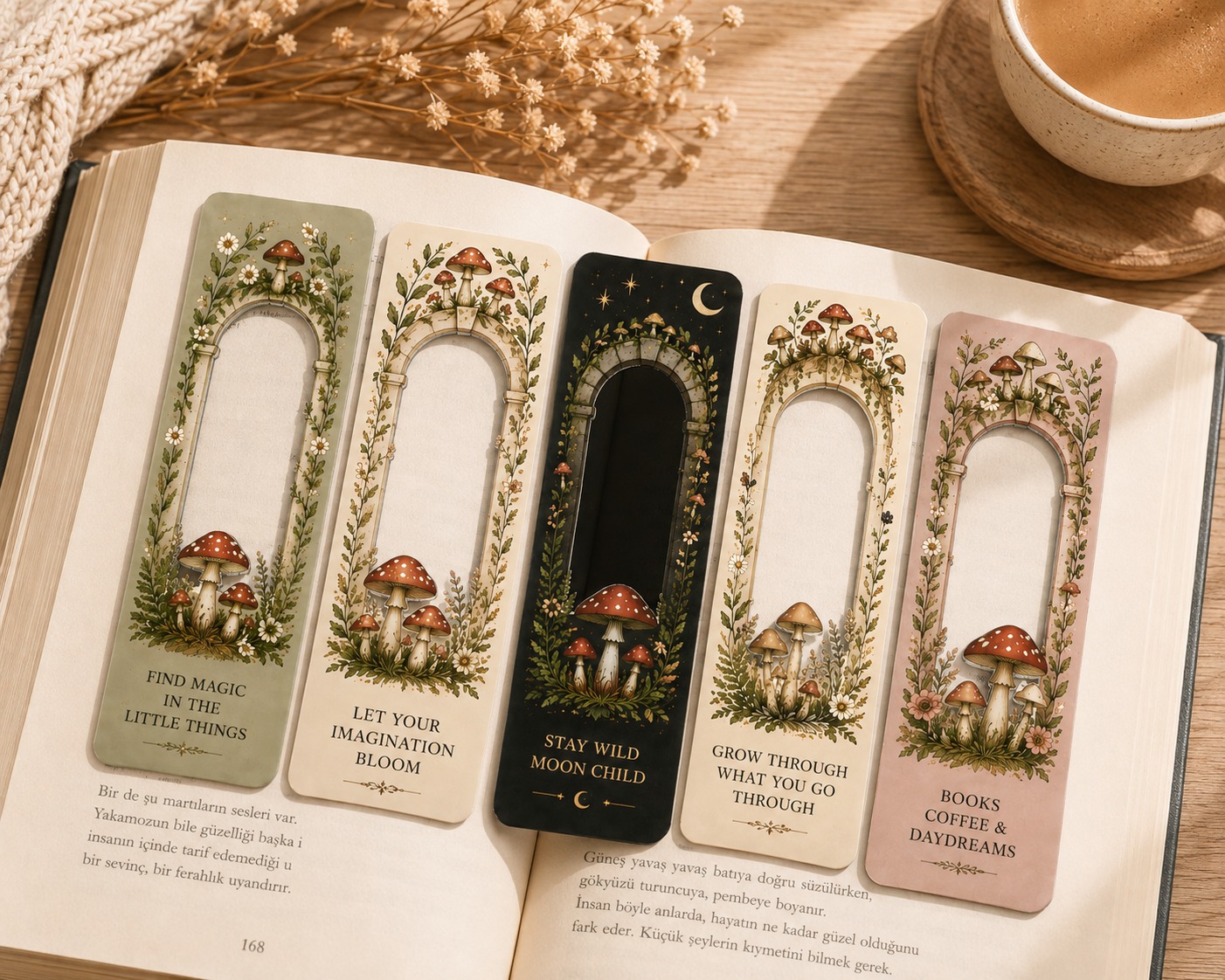 Mantar Evreni Window Kitap Ayracı 5’li Set | Cottagecore Fantastik Kitap Ayracı