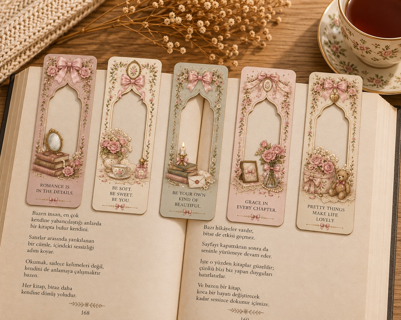 Fiyonklu Romantik Window Kitap Ayracı 5’li Set | Pembe Vintage Kitap Ayracı