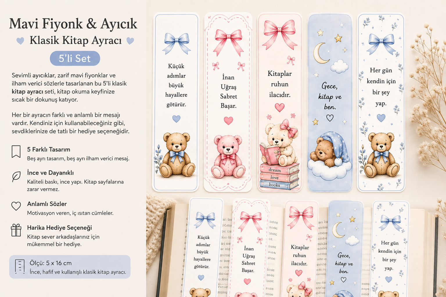 Mavi Fiyonk & Ayıcık Klasik Kitap Ayracı – 5’li Set