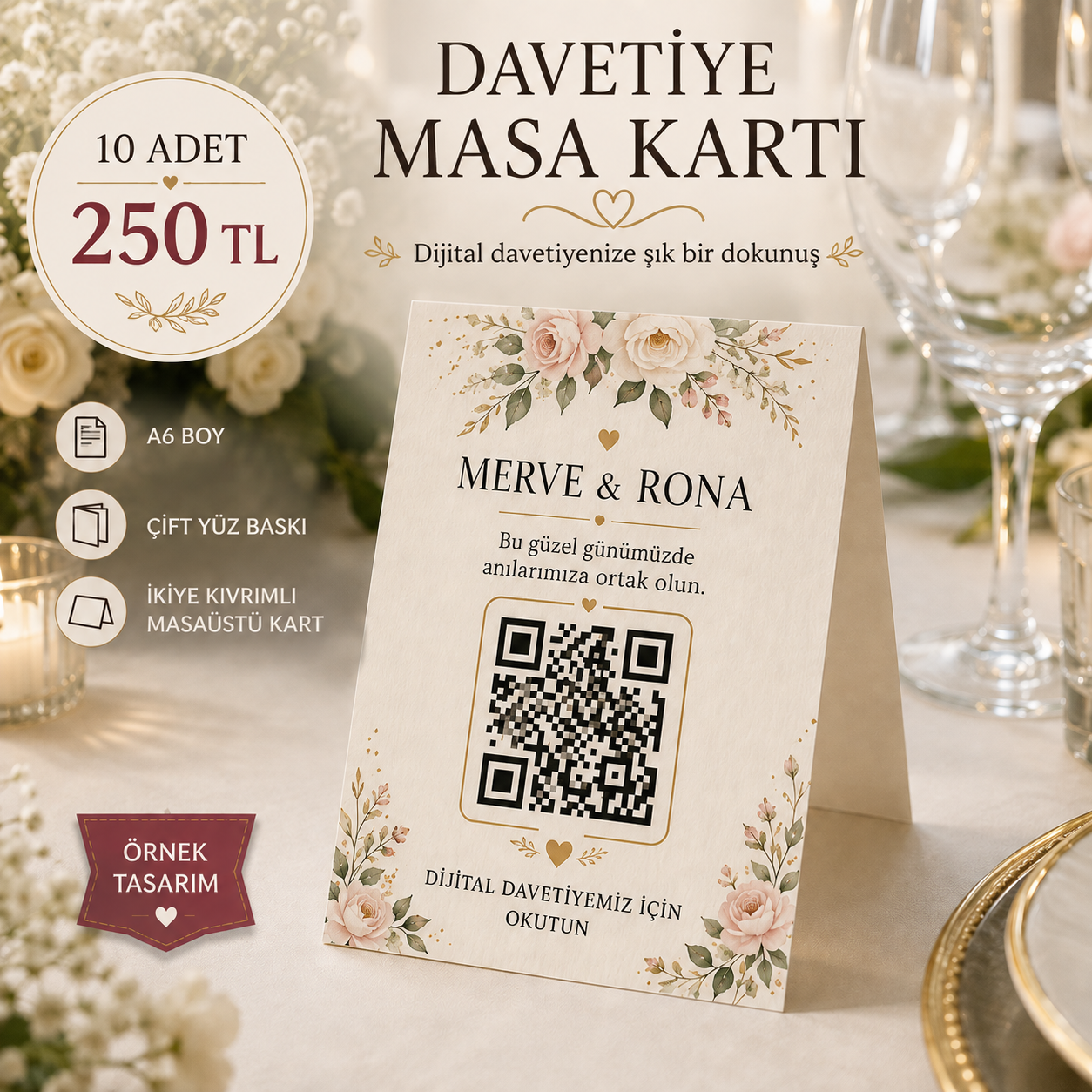 Kişiye Özel QR Kodlu Davetiye Masa Kartı – 10 Adet