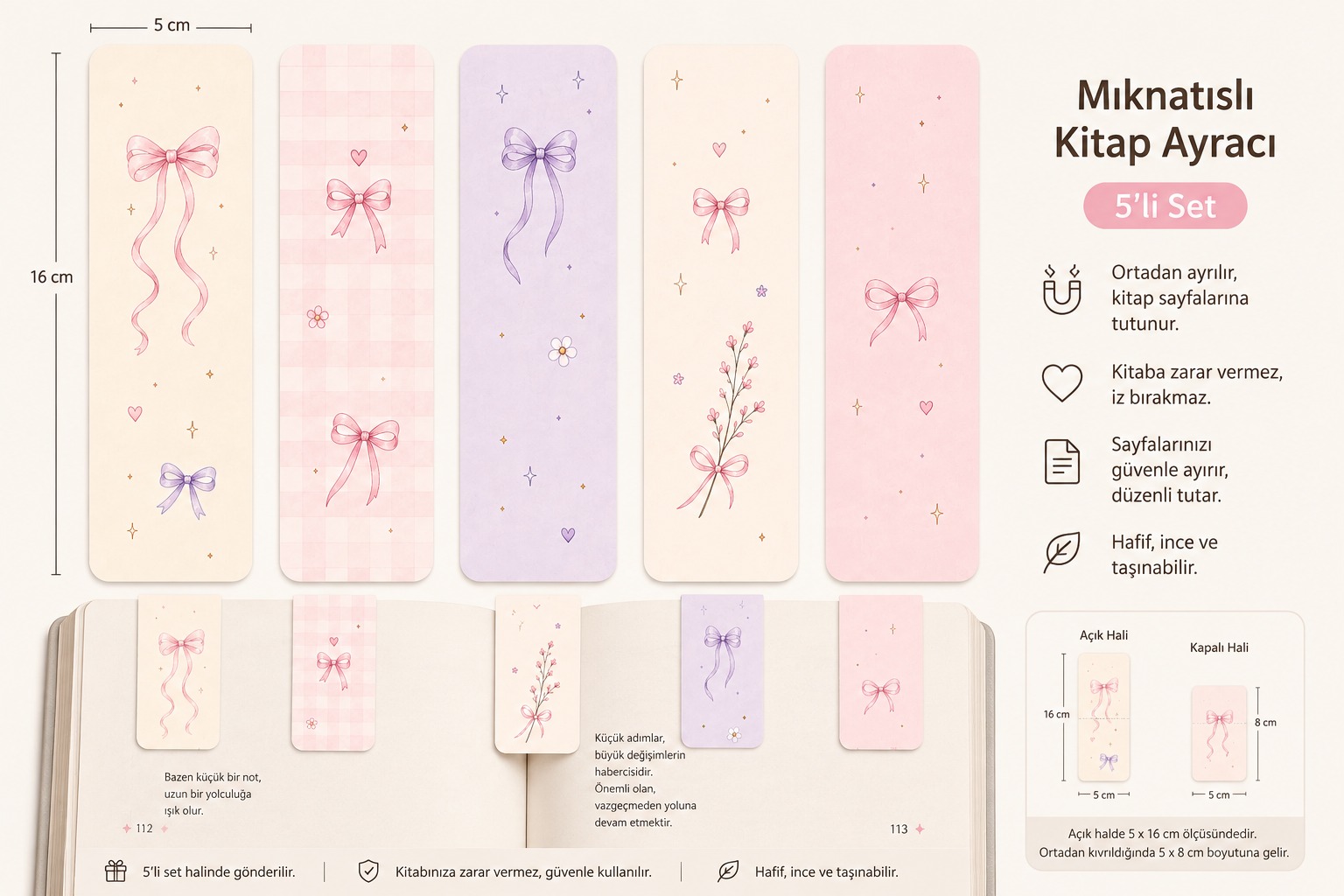 Fiyonk Temalı Mıknatıslı Kitap Ayracı 5’li Set | Pastel Kitap Ayracı