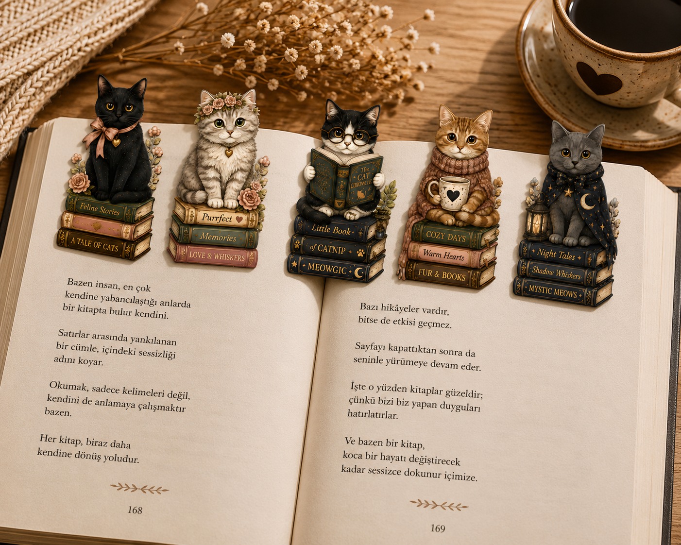 Kedili Kitap Ayracı – 5’li Set | Kedi ve Kitap Severlere Özel