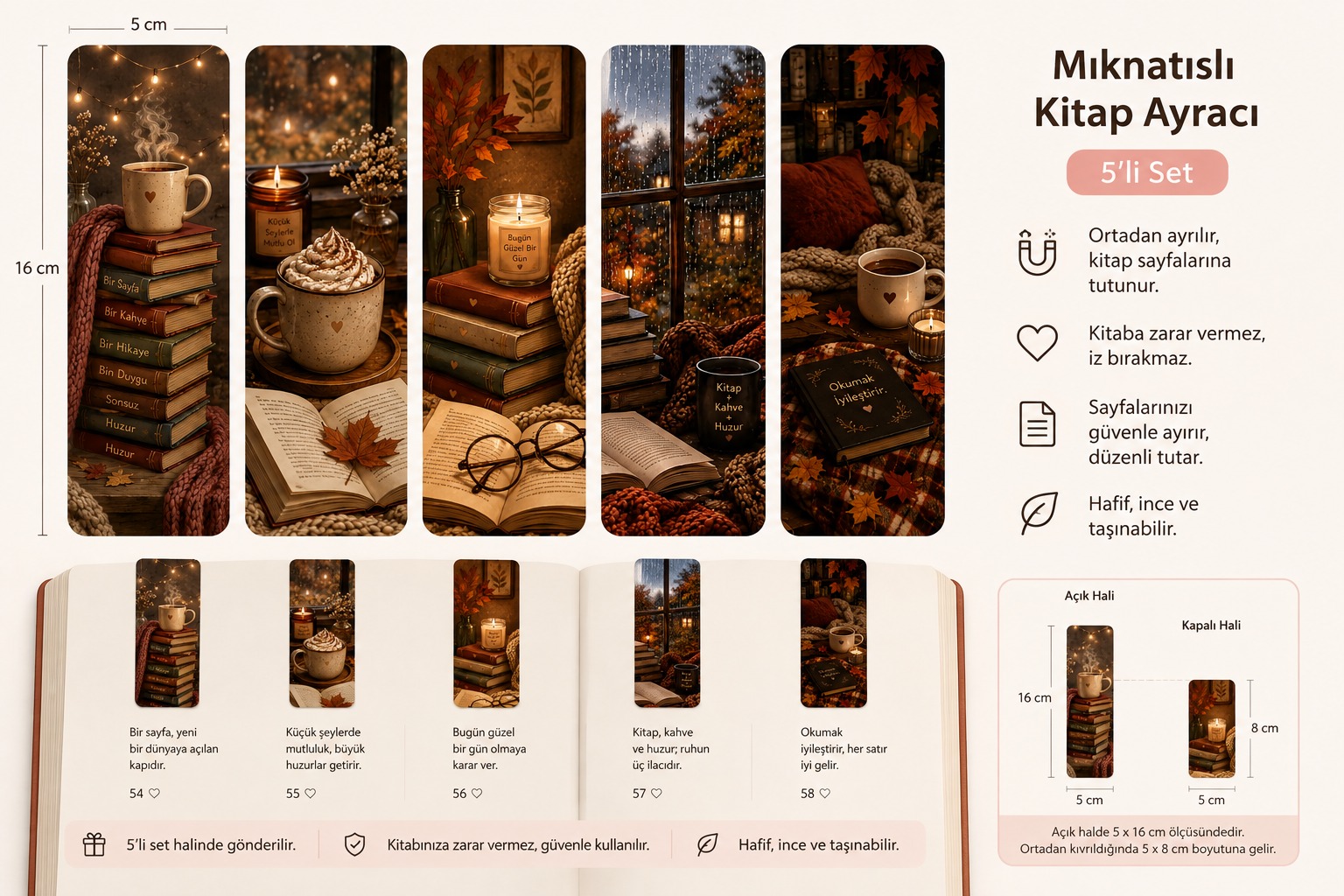 Sonbahar Kahvesi Mıknatıslı Kitap Ayracı 5’li Set | Cozy Autumn Kitap Ayracı