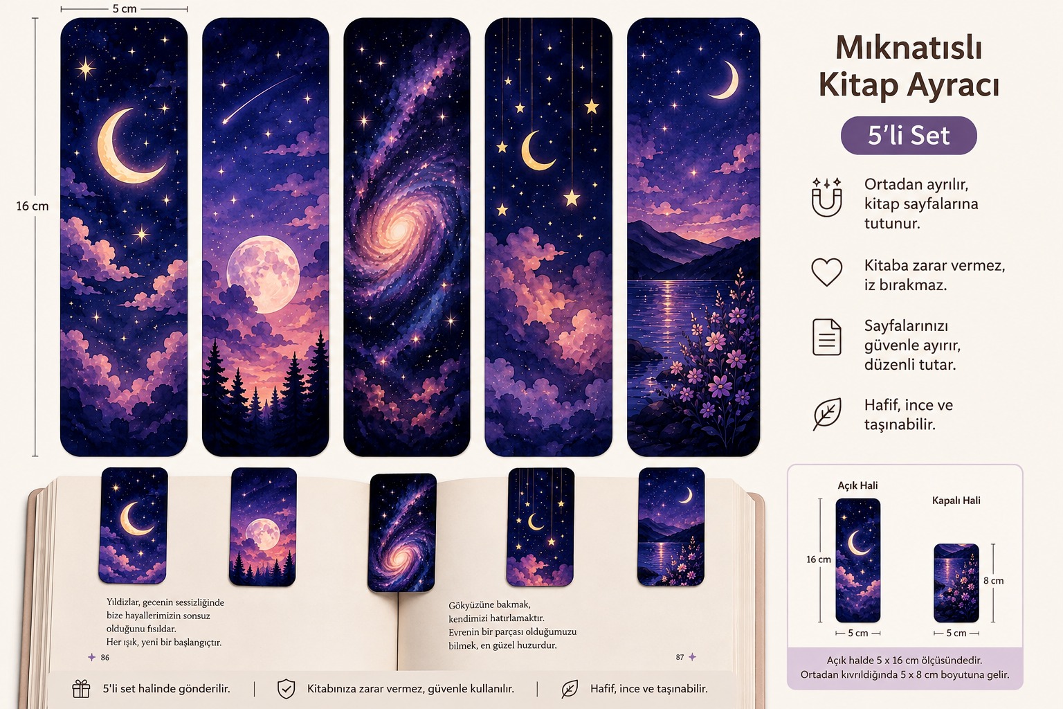 Gökyüzü Temalı Kitap Ayracı – 5’li Set | Huzurlu ve Estetik Tasarımlar