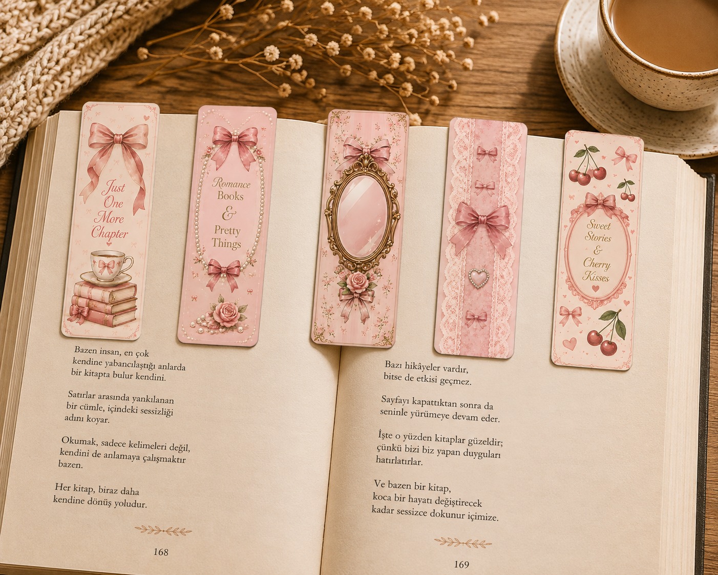 Romantik Fiyonk Klasik Kitap Ayracı 5’li Set | Pembe Vintage Ayraç
