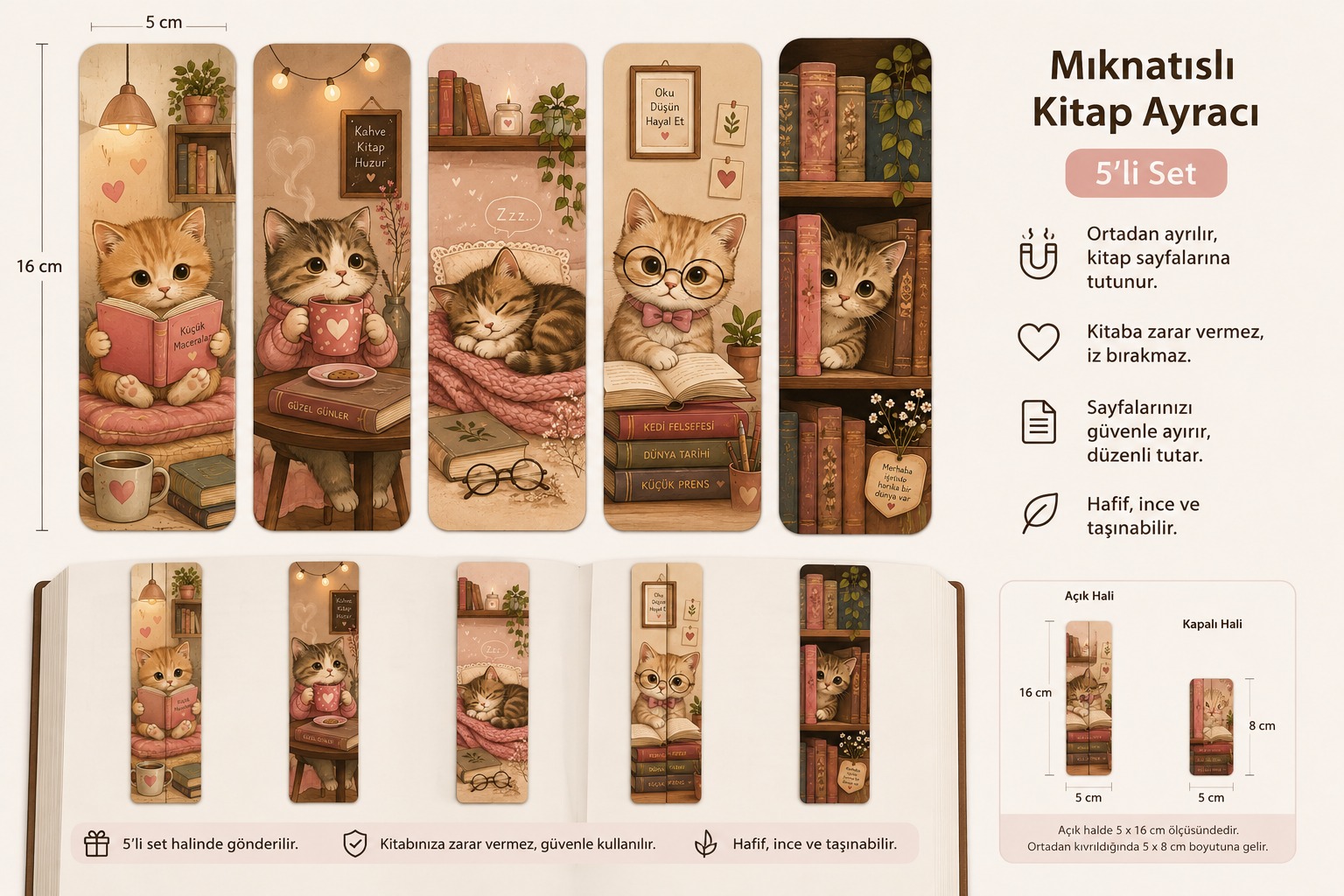 Sevimli Kediler Mıknatıslı Kitap Ayracı 5’li Set | Kedi Temalı Kitap Ayracı