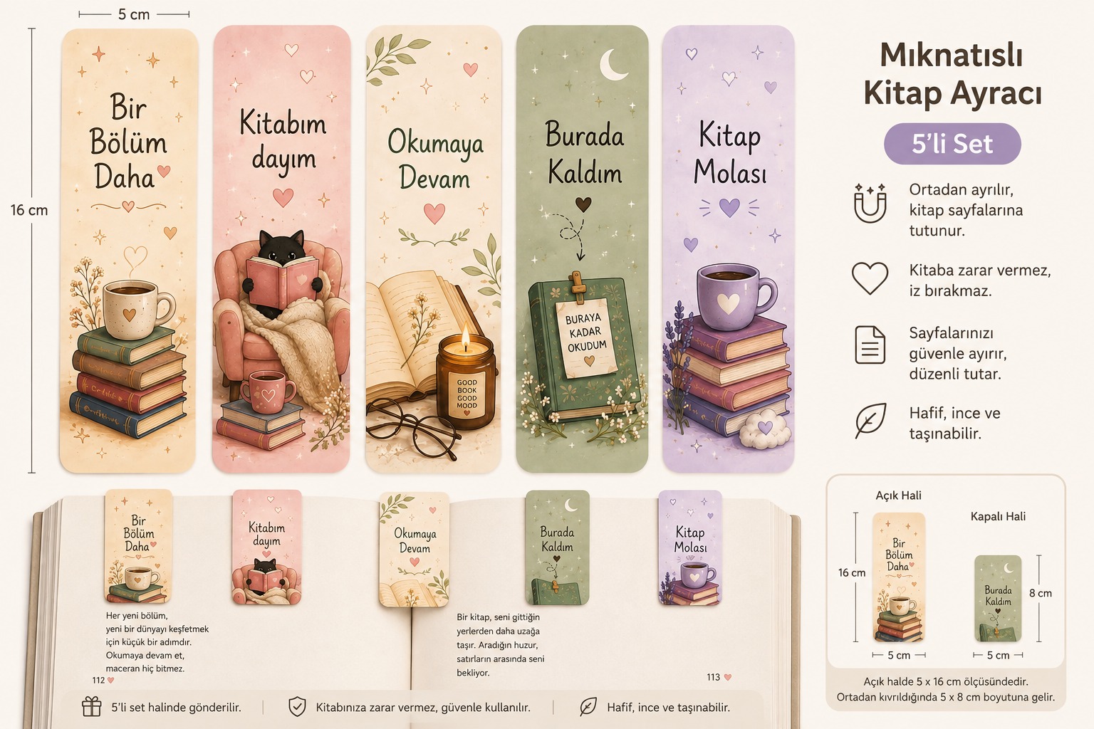 Kitap Molası Mıknatıslı Kitap Ayracı 5’li Set | Türkçe Yazılı Kitap Ayracı
