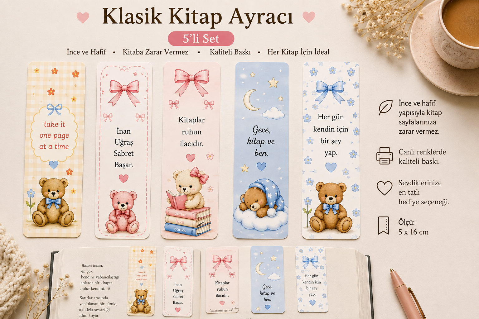 Sevimli Ayıcıklar – Klasik Kitap Ayracı 5’li Set