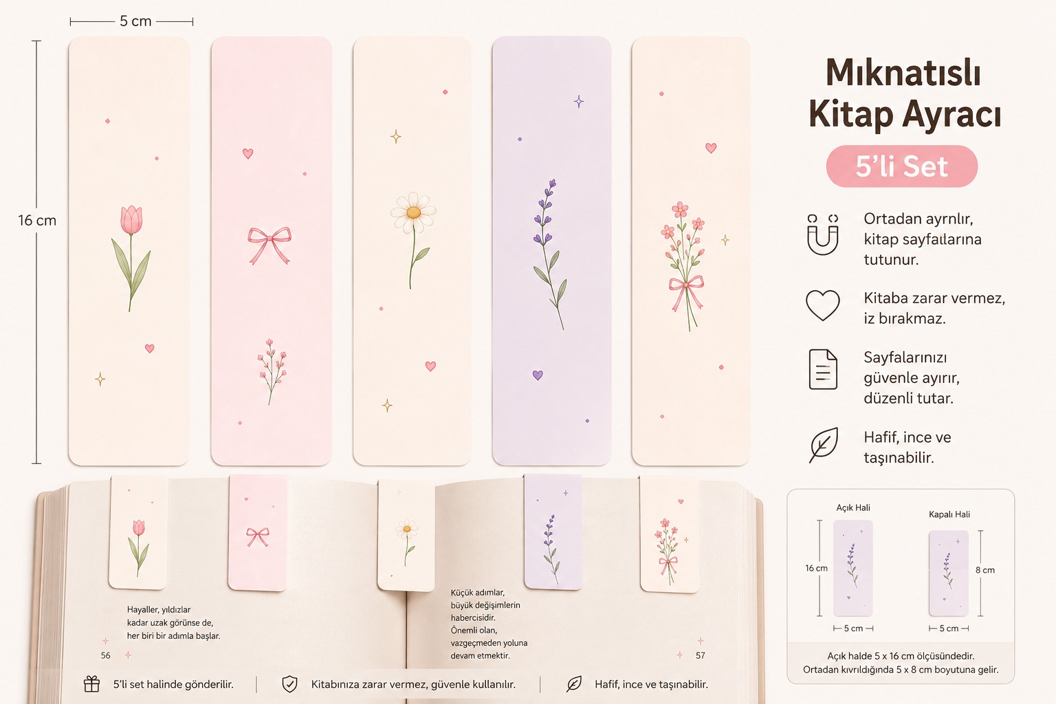 Minimal Çiçekler Mıknatıslı Kitap Ayracı 5’li Set | Pastel Çiçekli Kitap Ayracı