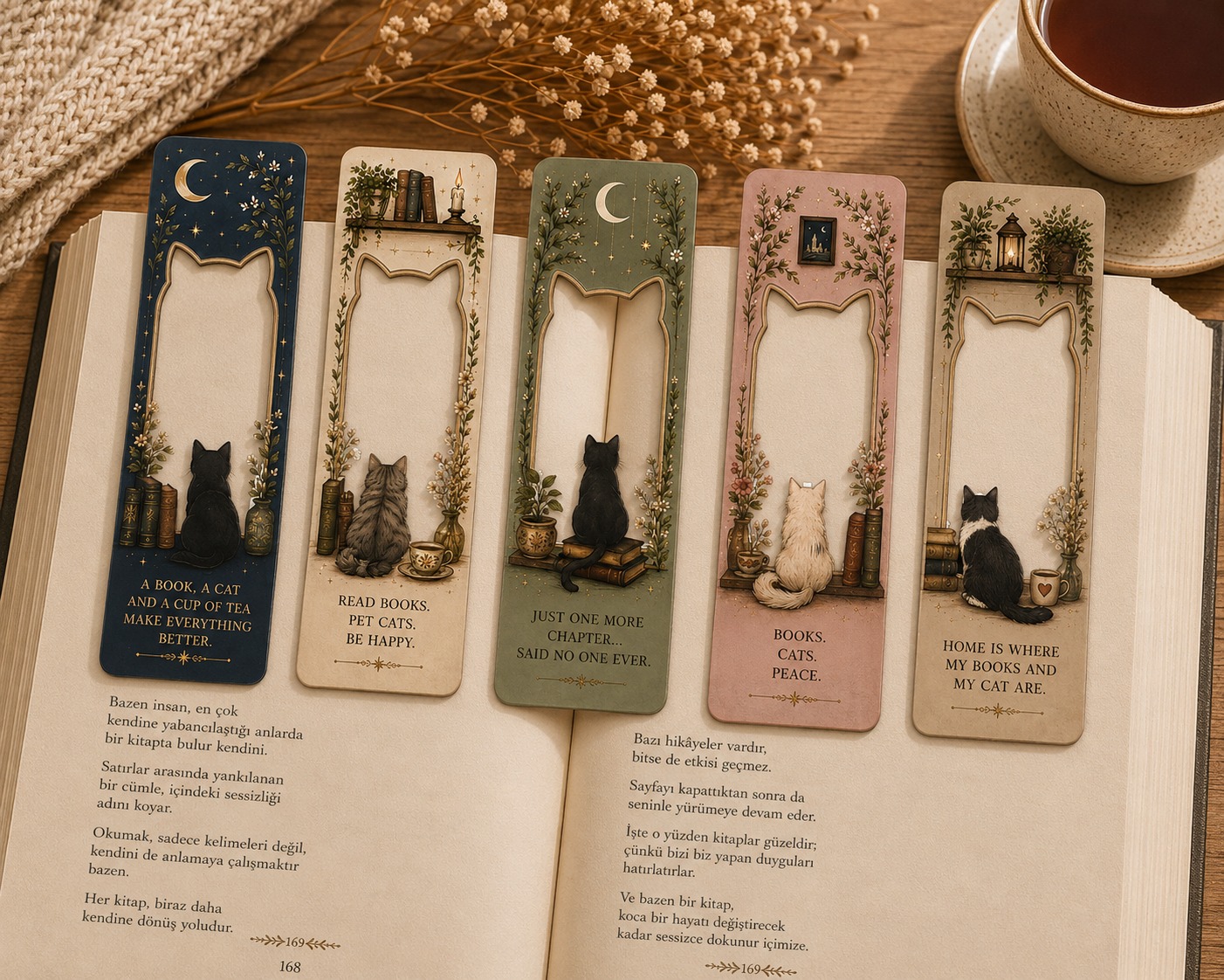 Kedili Window Kitap Ayracı 5’li Set | Kitap & Kedi Temalı Dekoratif Ayraç