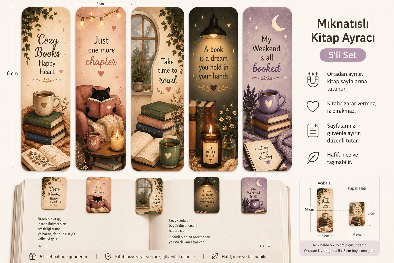 Cozy Books Mıknatıslı Kitap Ayracı 5’li Set | Kitap & Kahve Temalı Ayraç