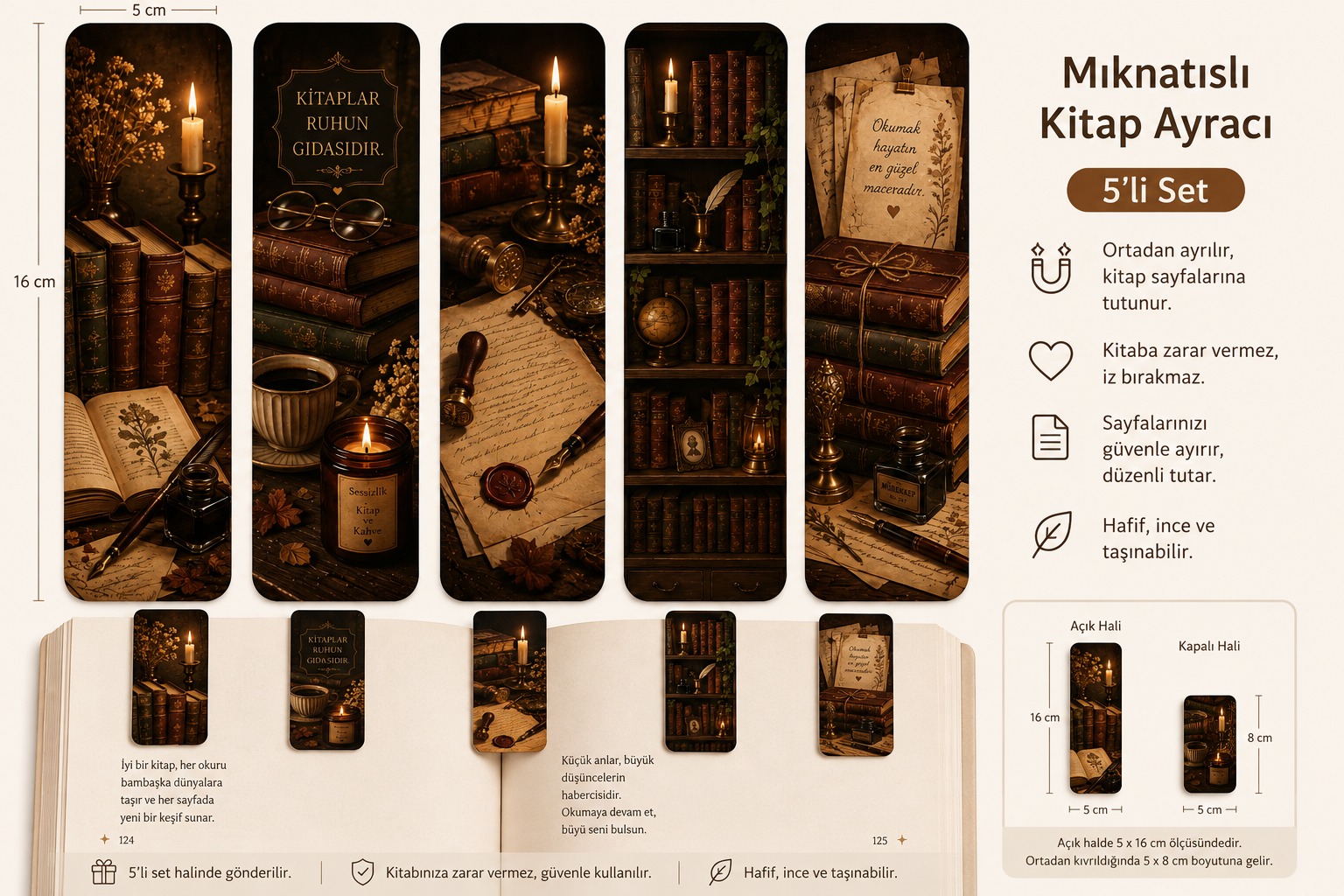 Kütüphane Temalı Kitap Ayracı – 5’li Set | Kitap Severlere Özel