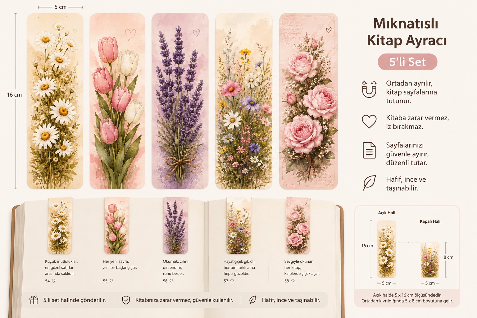 Çiçek Bahçesi Mıknatıslı Kitap Ayracı 5’li Set | Papatya, Lale, Lavanta ve Gül
